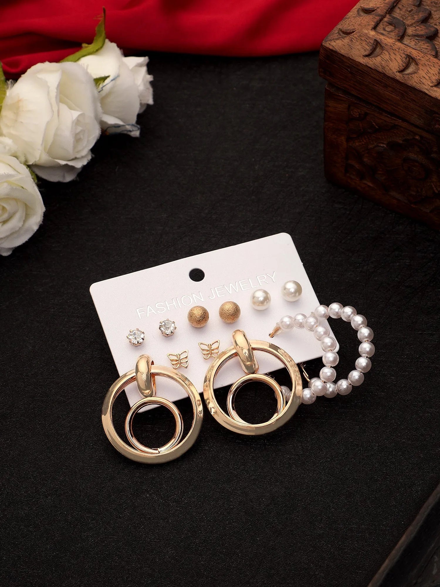 Gold Plated Double Loop And Pearl Décor Hoop Earrings Set For Women &amp; Girls Pearl Alloy Hoop Earring - Pair Of 6 Destiny Jewels