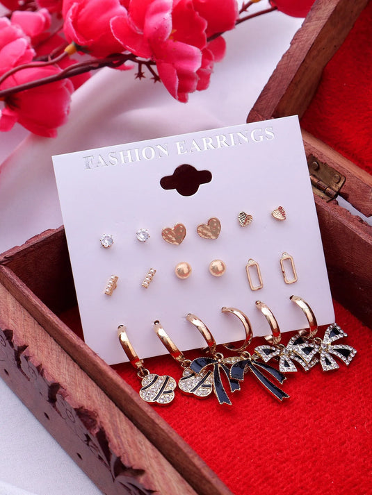 Trendy Stone Décor Bow &amp; Heart Shaped Stud Earrings Set For Women &amp; Girls 9Pair Alloy Drops &amp; Danglers - Pair Of 9 Destiny Jewels