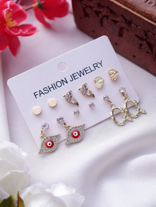 Stylish Trendy Stone Décor Evil-Eye &amp; Shaped Earring Set For Women &amp; Girls 6Pair Alloy Drops &amp; Danglers - Pair Of 6 Destiny Jewels