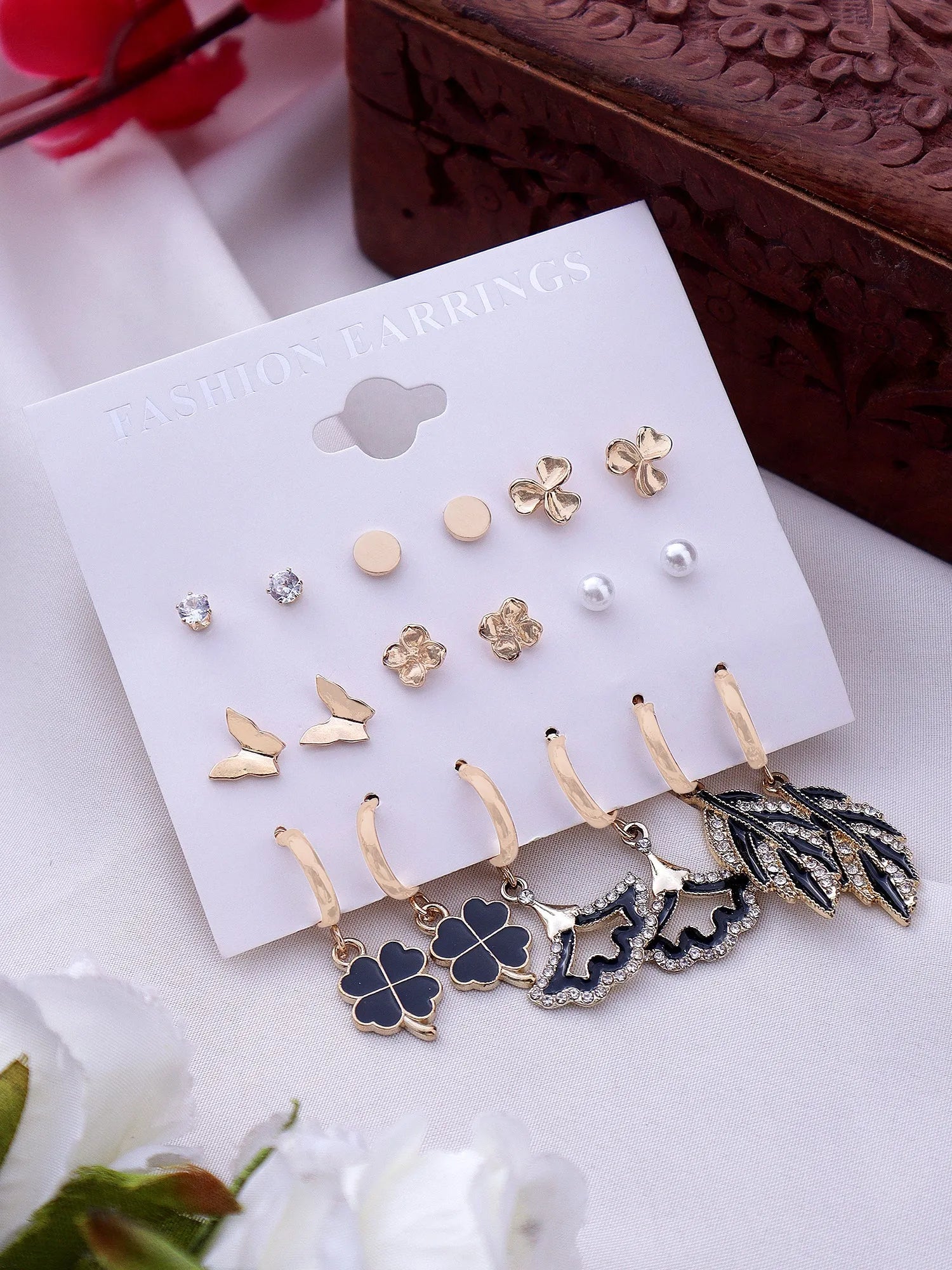 Stylish Vintage Leaf Trendy Flower Shaped Earrings Set For Women &amp; Girls 9Pair Alloy Drops &amp; Danglers - Pair Of 9 Destiny Jewels