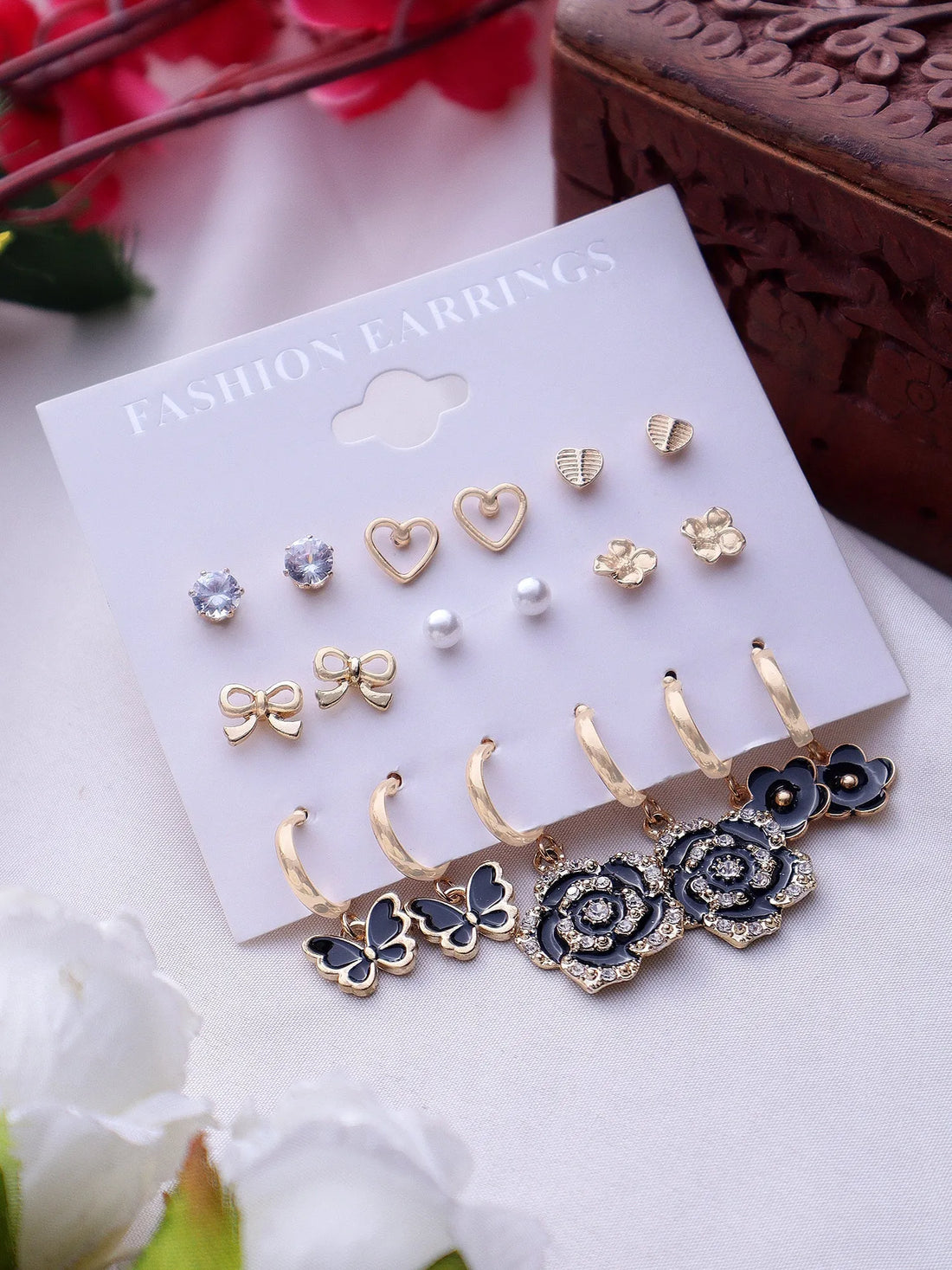 Stylish Vintage 9Pair Different Style Fashion Butterfly &amp; Flower Shaped Earrings Alloy Drops &amp; Danglers - Pair Of 9 Destiny Jewels