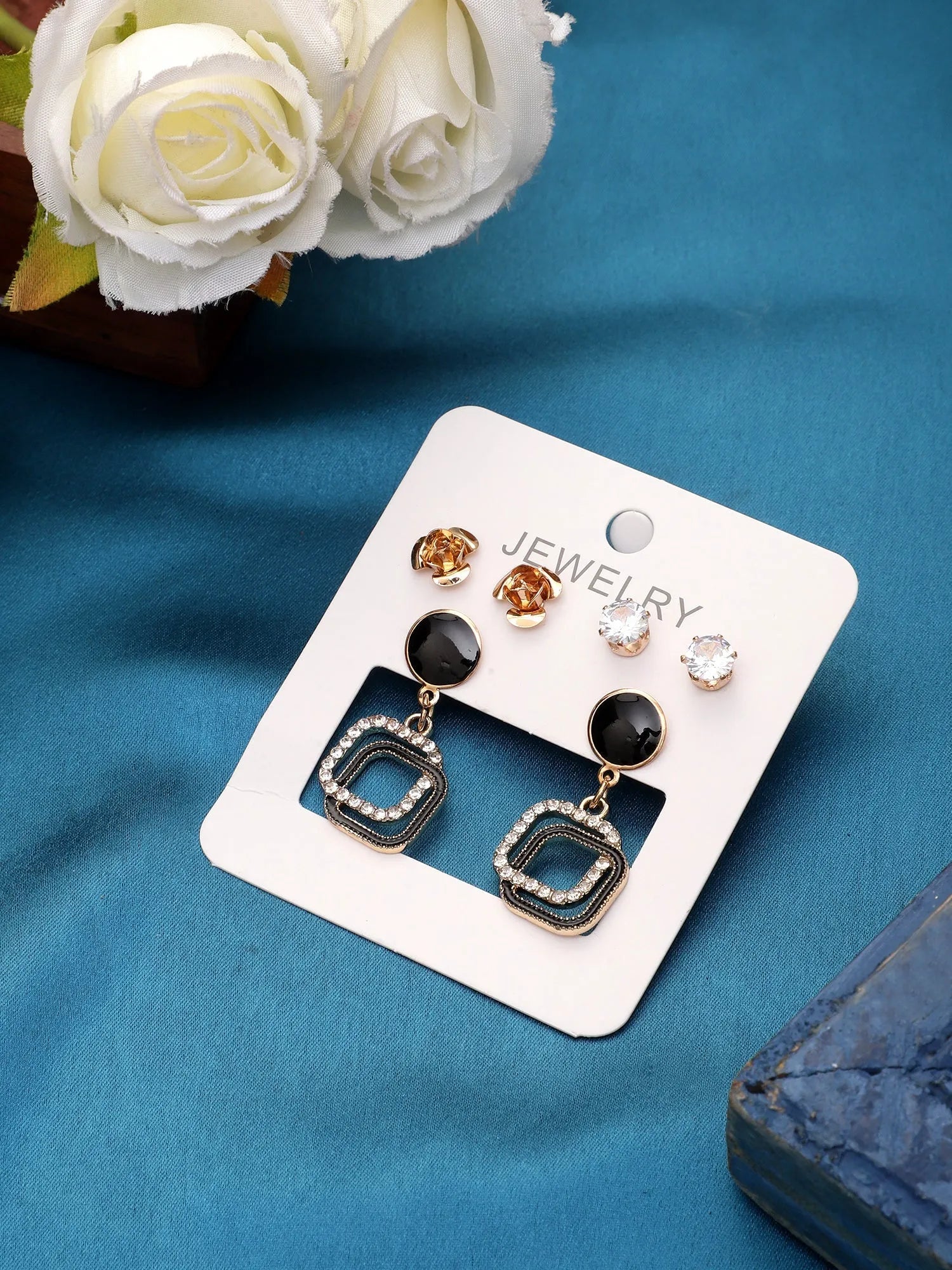 Trendy Stone Décor Enamel Double Square Drop&amp;Stud Earrings Set For Women &amp; Girls Cubic Zirconia Alloy Drops &amp; Danglers - Pair Of 3 Destiny Jewels