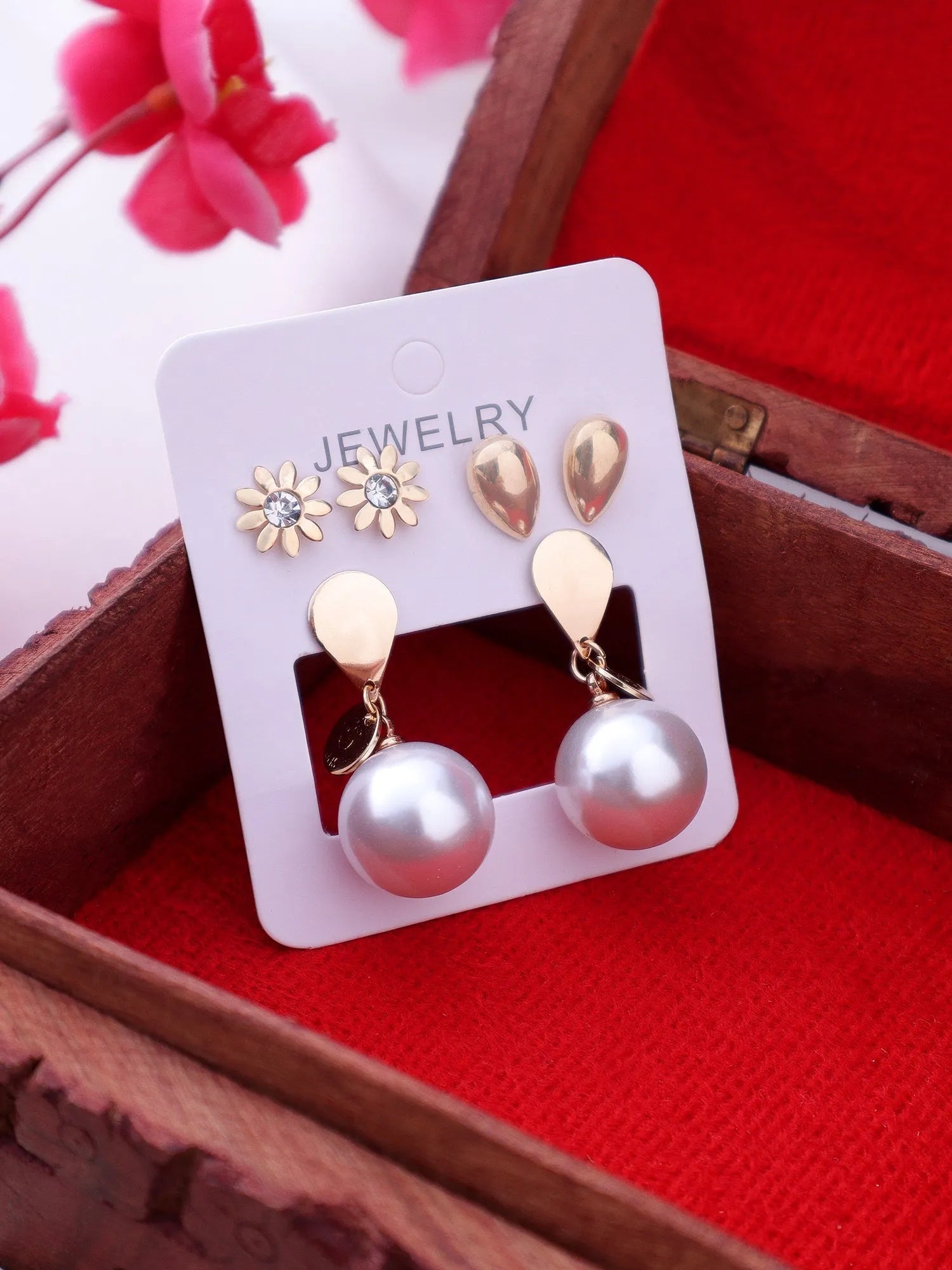 Exclusive Latest Luxury Korean Design Drop Pearl Décor Earring For Women &amp; Girls Cubic Zirconia Alloy Drops &amp; Danglers - Pair Of 3 Destiny Jewels