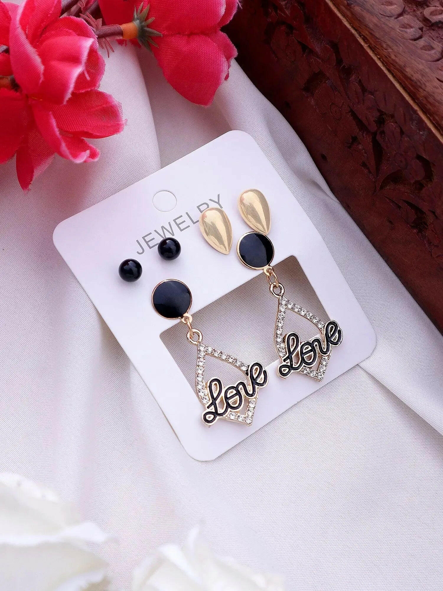 Stylish Party Wear Korean Design &quot;Love&quot; Alphabet Drop Earrings For Women &amp; Girls Cubic Zirconia Alloy Drops &amp; Danglers - Pair Of 3 Destiny Jewels