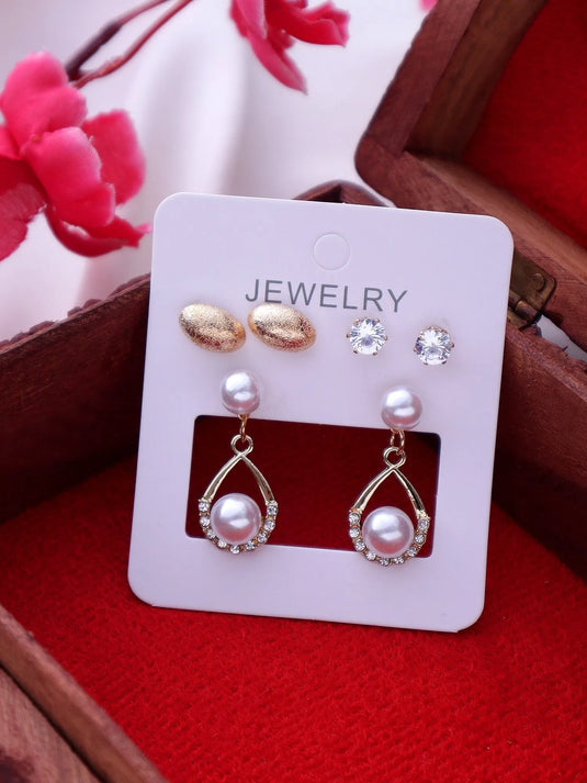 Exclusive Luxury Party Wear Korean Design Drop Pearl Décor Long &amp; Stud Earrings Cubic Zirconia Alloy Drops &amp; Danglers - Pair Of 3 Destiny Jewels