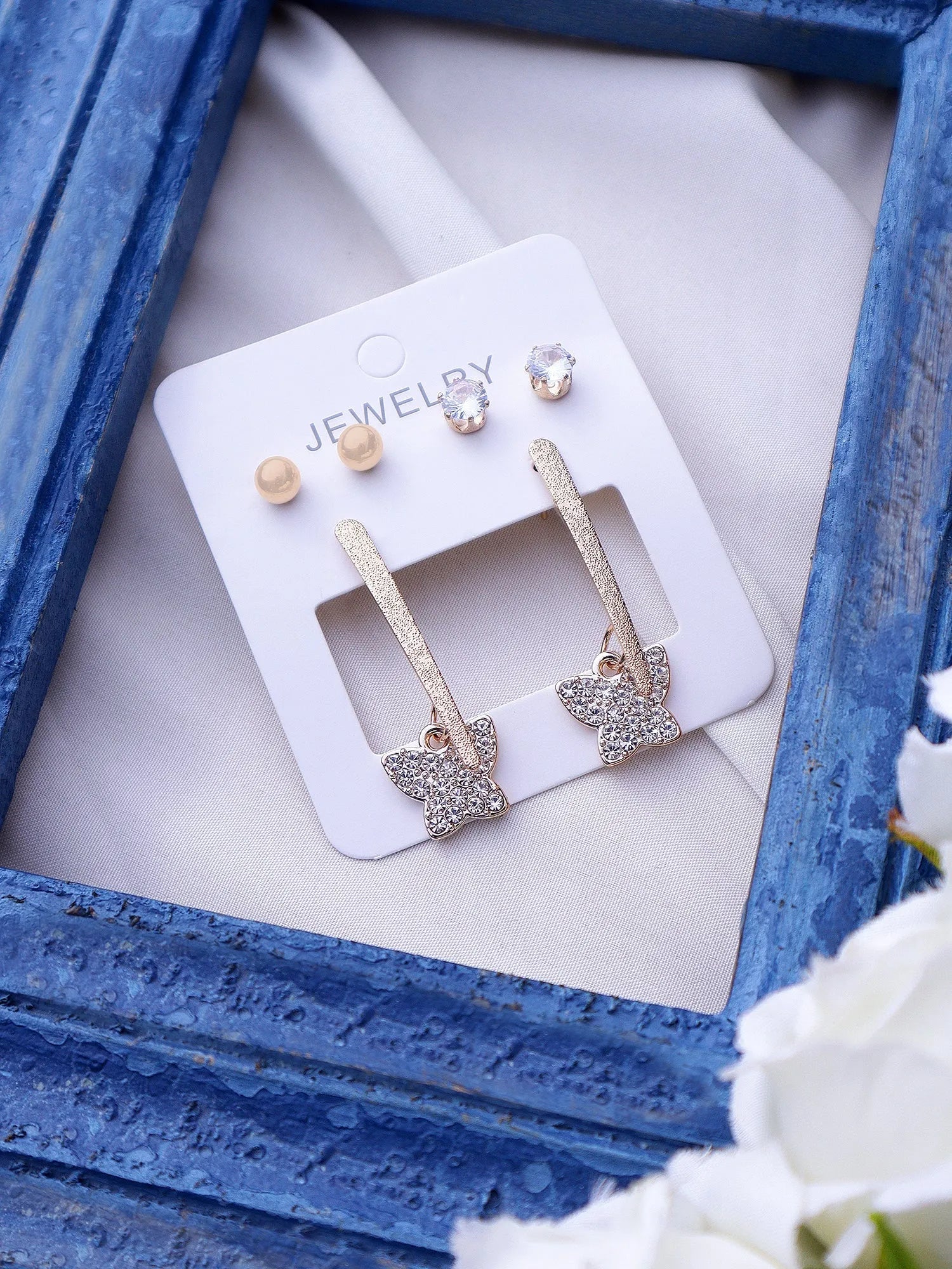 Exclusive Luxury Stylish Party Wear Korean Design Drop Butterfly Earrings Set Cubic Zirconia Alloy Drops &amp; Danglers - Pair Of 3 Destiny Jewels