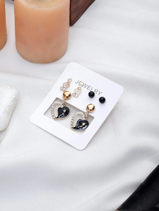 Exclusive Luxury Party Wear Korean Design Black Heart Shaped Drop Earrings Set Cubic Zirconia Alloy Drops &amp; Danglers - Pair Of 3 Destiny Jewels