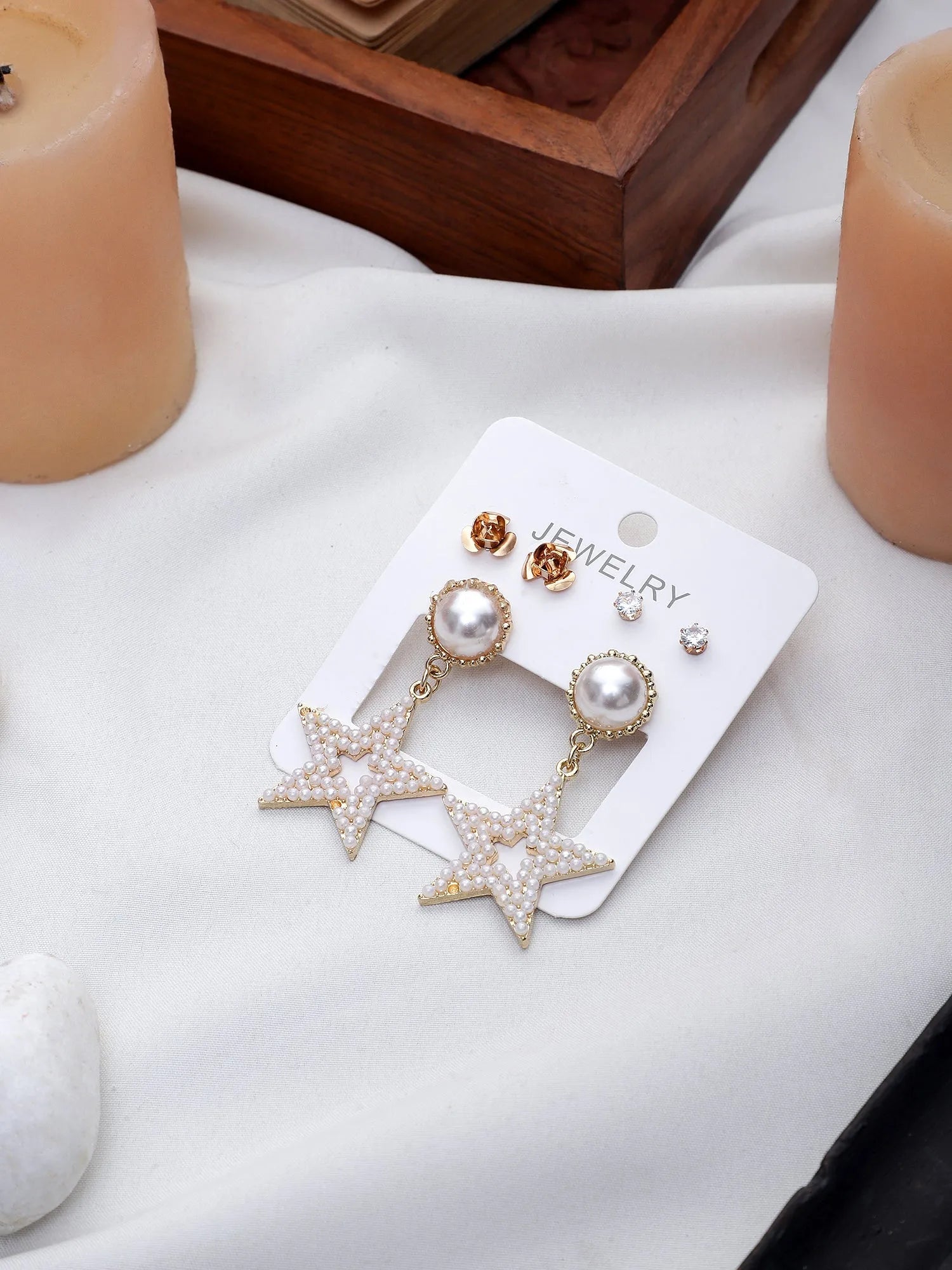 Korean Luxury Collection Party Wear Stylish Pearl Décor Star Drop Earrings Set Cubic Zirconia Alloy Stud Earring - Pair Of 3 Destiny Jewels