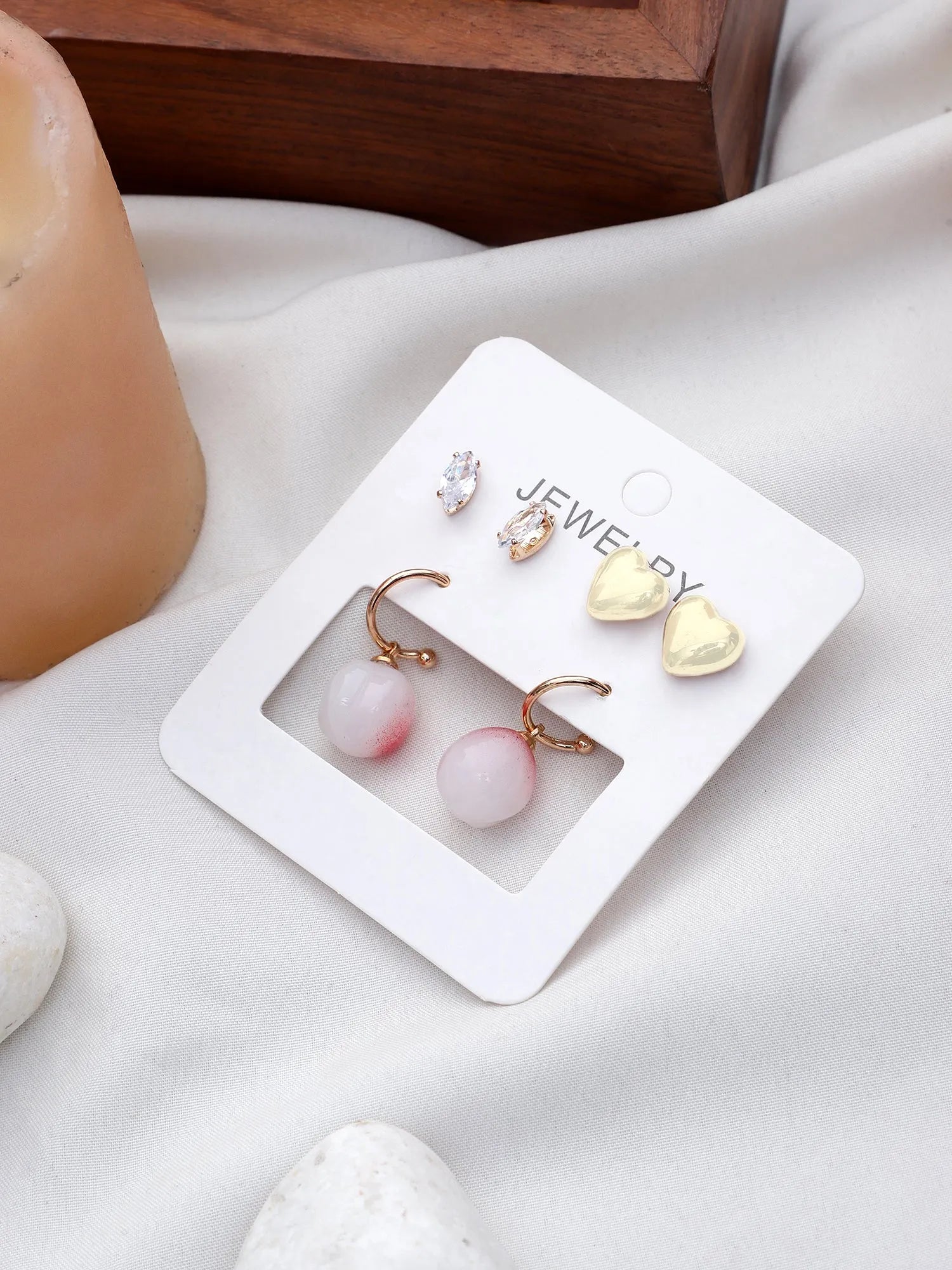 Luxury Collection Party Wear Stylish Drop Stone Décor Heart Stud Earrings Set Cubic Zirconia Alloy Stud Earring Destiny Jewels