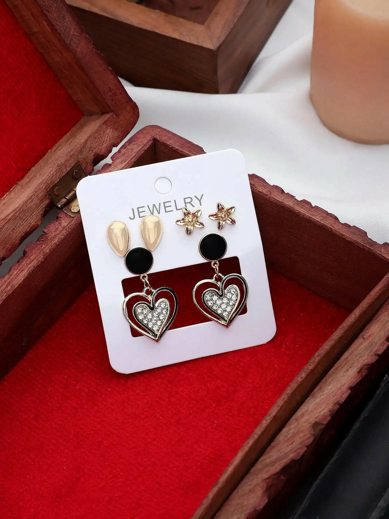 Korean Fashion Luxury Collection Party Wear Stylish Drop Double Heart Earrings Cubic Zirconia Alloy Stud Earring - Pair Of 3 Destiny Jewels