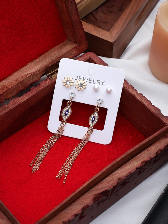 Korean Luxury Collection Party Wear Western Stylish Evil-Eye Tassel Earrings Set Cubic Zirconia Alloy Stud Earring Destiny Jewels