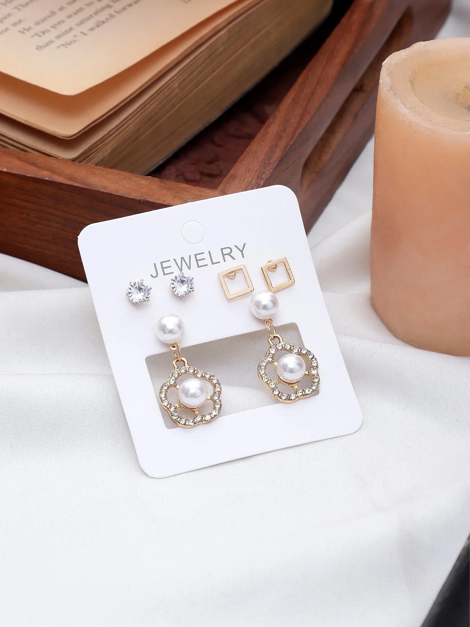 Limited Edition Luxury Party Wear Western Stylish Pearl Décor Drop Earrings Set Cubic Zirconia Alloy Stud Earring - Pair Of 3 Destiny Jewels