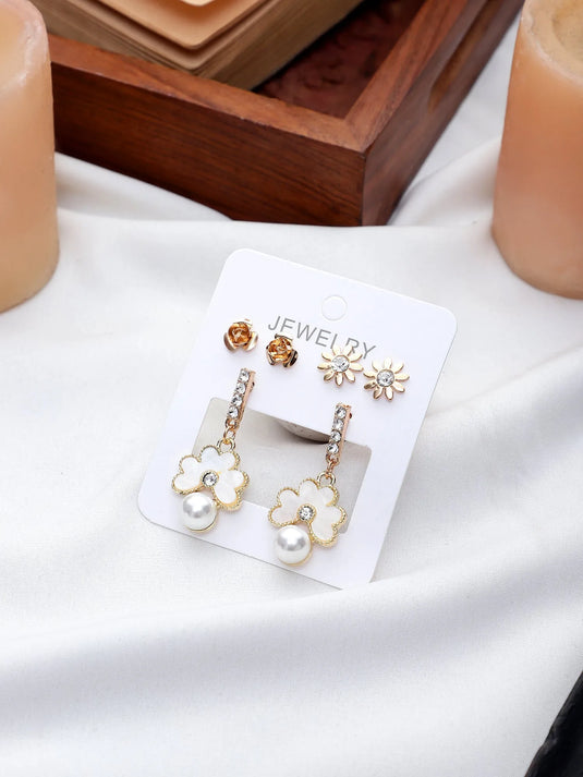 Gold Plated Luxury Collection Party Wear Stunning Simulated Flower Earrings Set Cubic Zirconia Alloy Stud Earring - Pair Of 3 Destiny Jewels