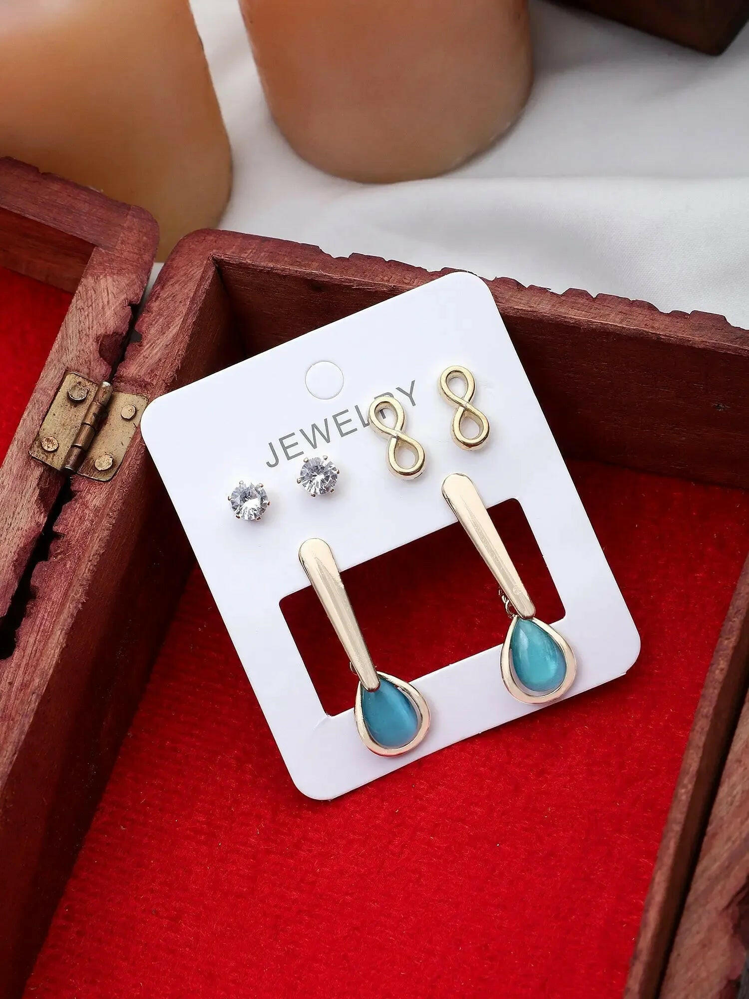 New Luxury Korean Collection Drop Blue Stone Drop Earrings Set For Women &amp; Girls Cubic Zirconia Alloy Stud Earring - Pair Of 3 Destiny Jewels