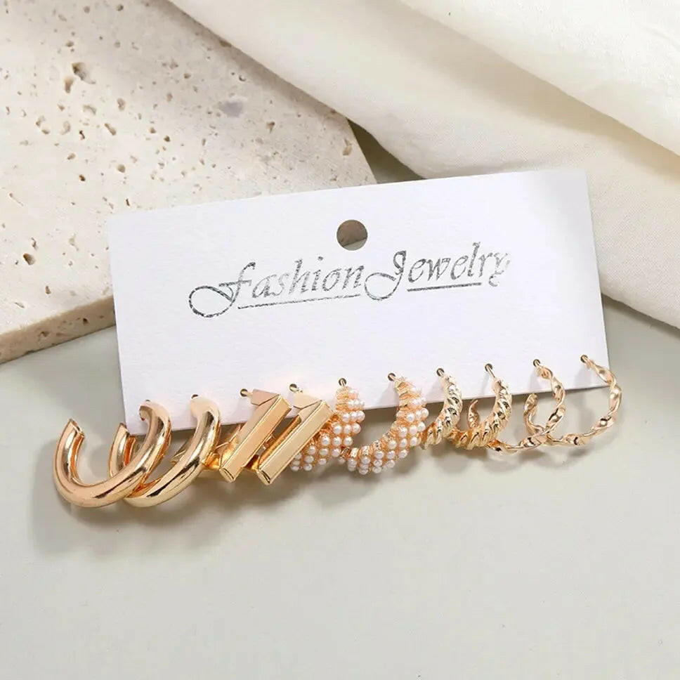 New Trendy Gold Plated Pearl Décor Hoop Earrings Set For Women &amp; Girls Pearl Alloy Hoop Earring - Pair Of 5 Destiny Jewels