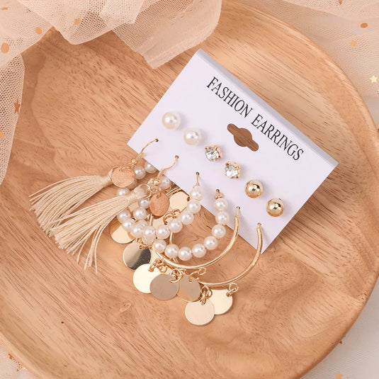 New Vintage Pearl Twist Big Circle Gold Plated 6Pairs Earrings For Women &amp; Girls Pearl Alloy Earring Set - Pair Of 6 Destiny Jewels