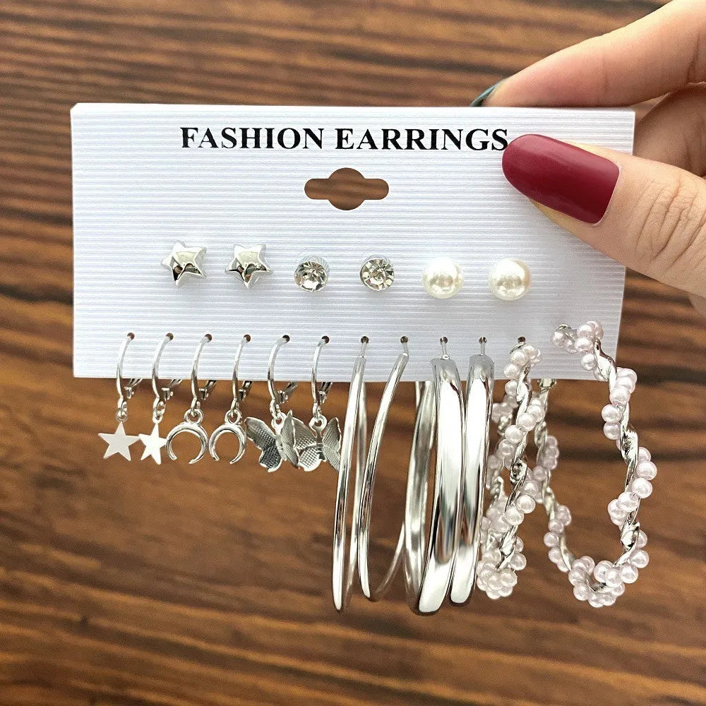 Trendy Silver Plated Butterfly And Star Décor Hoops 9Pairs Earrings Set Pearl Alloy Hoop Earring - Pair Of 9 Destiny Jewels