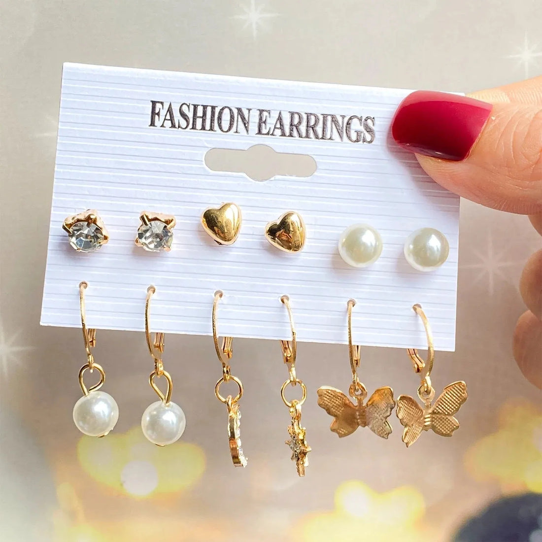 Trendy 6 Pair Moon Star With Butterfly Shine Drop Earrings Set For Women &amp; Girls Pearl Alloy Stud Earring - Pair Of 6 Destiny Jewels