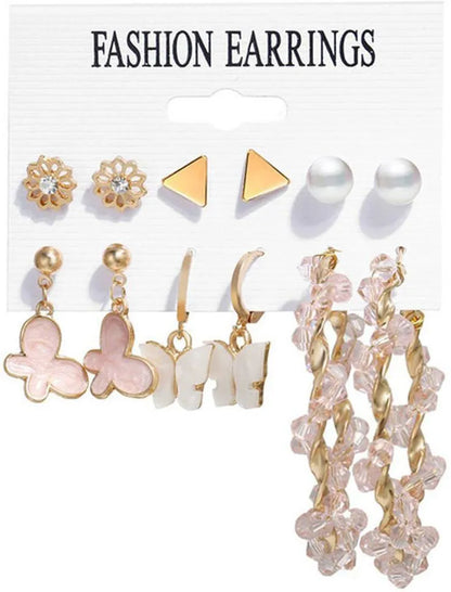 New Trendy 6 Pair Pink Stone Décor Hoop &amp; Cute Drop Butterfly Décor Earrings Set Pearl Alloy Drops &amp; Danglers - Pair Of 6 Destiny Jewels