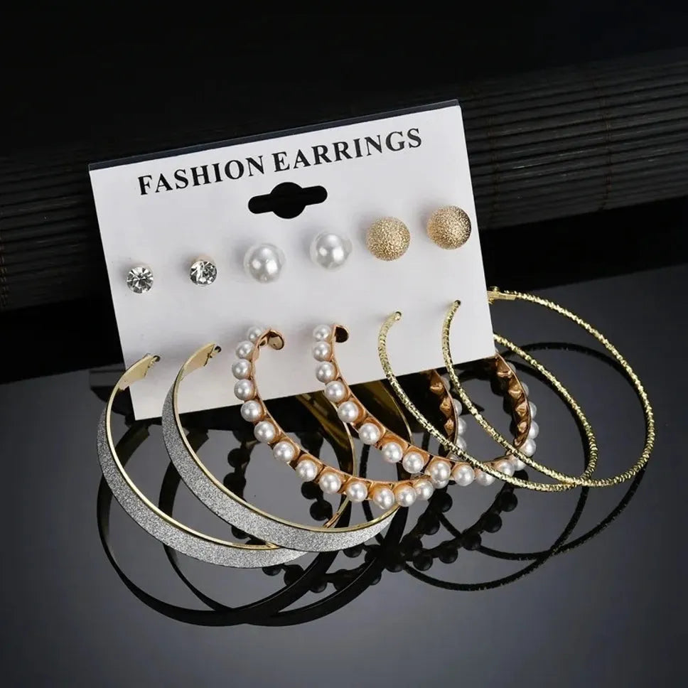 New Trendy Exaggerated Glittering Stylish 6 Pair Big Hoop &amp; Stud Earrings Set Alloy Drops &amp; Danglers - Pair Of 6 Destiny Jewels