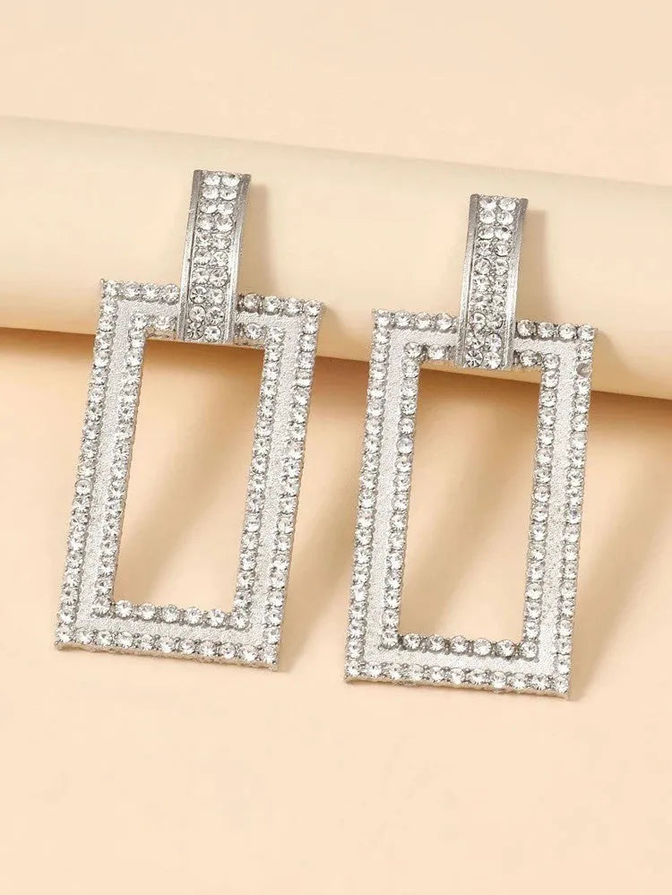 Silver Plated Long Geometric Rectangular Diamond Pendant Women Shinning Earring Alloy Drops &amp; Danglers - Pair Of 1 Destiny Jewels