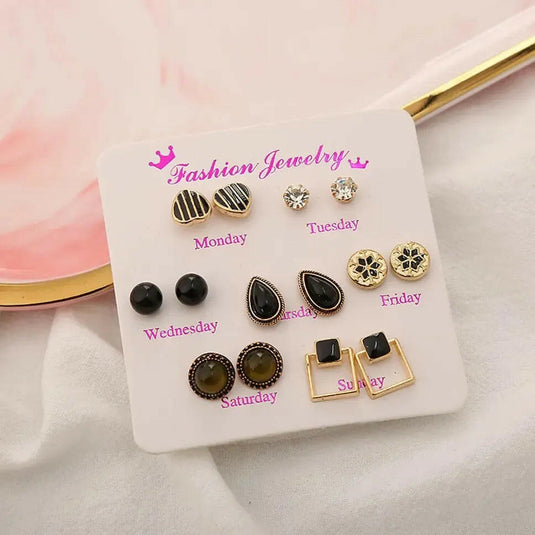 New Trendy Pack Of 7 Pairs Weekly Studs Black Earrings For Women&