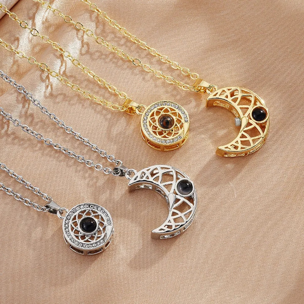 Silver &amp; Gold Plated 4Pcs Combo Of Magnetic Couple Moon &amp; Round Charm Necklace Cubic Zirconia Gold-Plated Plated Alloy Necklace Destiny Jewels