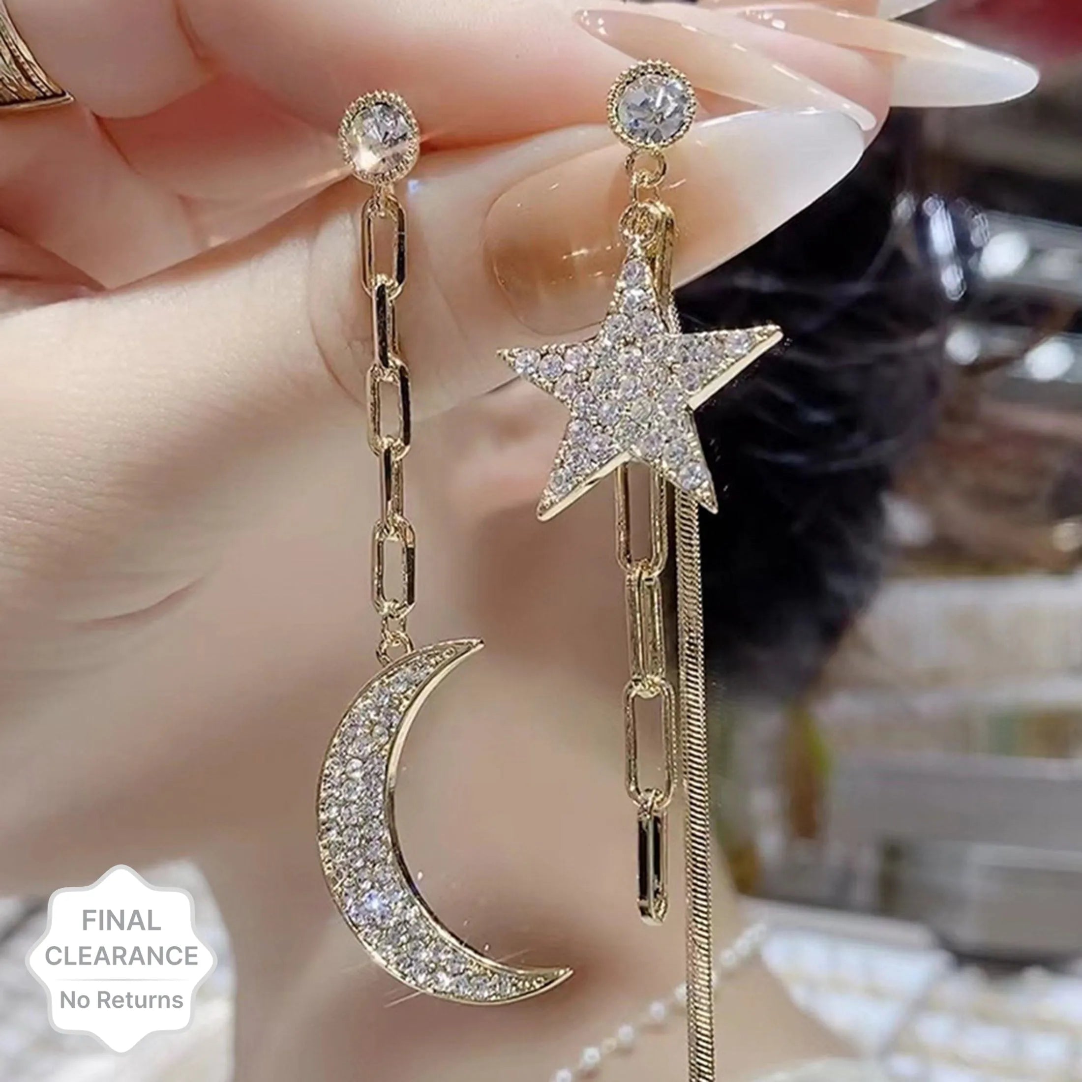 Gold Plated Korean Style Stone Decor Moon &amp; Star Long Chain Drop Earrings Cubic Zirconia Alloy Drops &amp; Danglers - Pair Of 1 Destiny Jewels