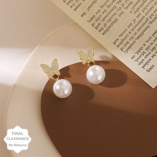 Pearl &amp; Zirconia Stone Butterfly Decor Korean Earrings Destiny Jewels