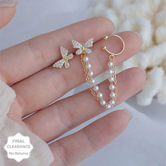 Trendy Korean Style Pearl &amp; Butterfly Décor Long Tassel Chain Ear-Cuff Earrings Destiny Jewels