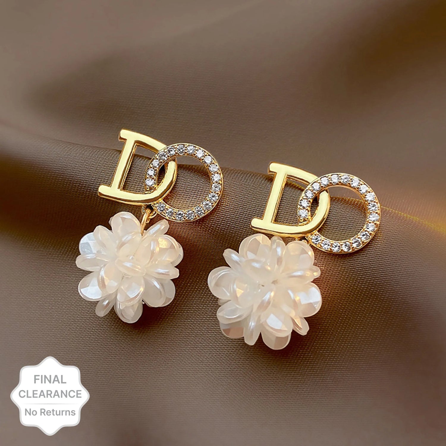 Gold Plated Korean Style Stone Decor Do Letter With White Flower Decor Earrings Cubic Zirconia Alloy Drops &amp; Danglers - Pair Of 1 Destiny Jewels