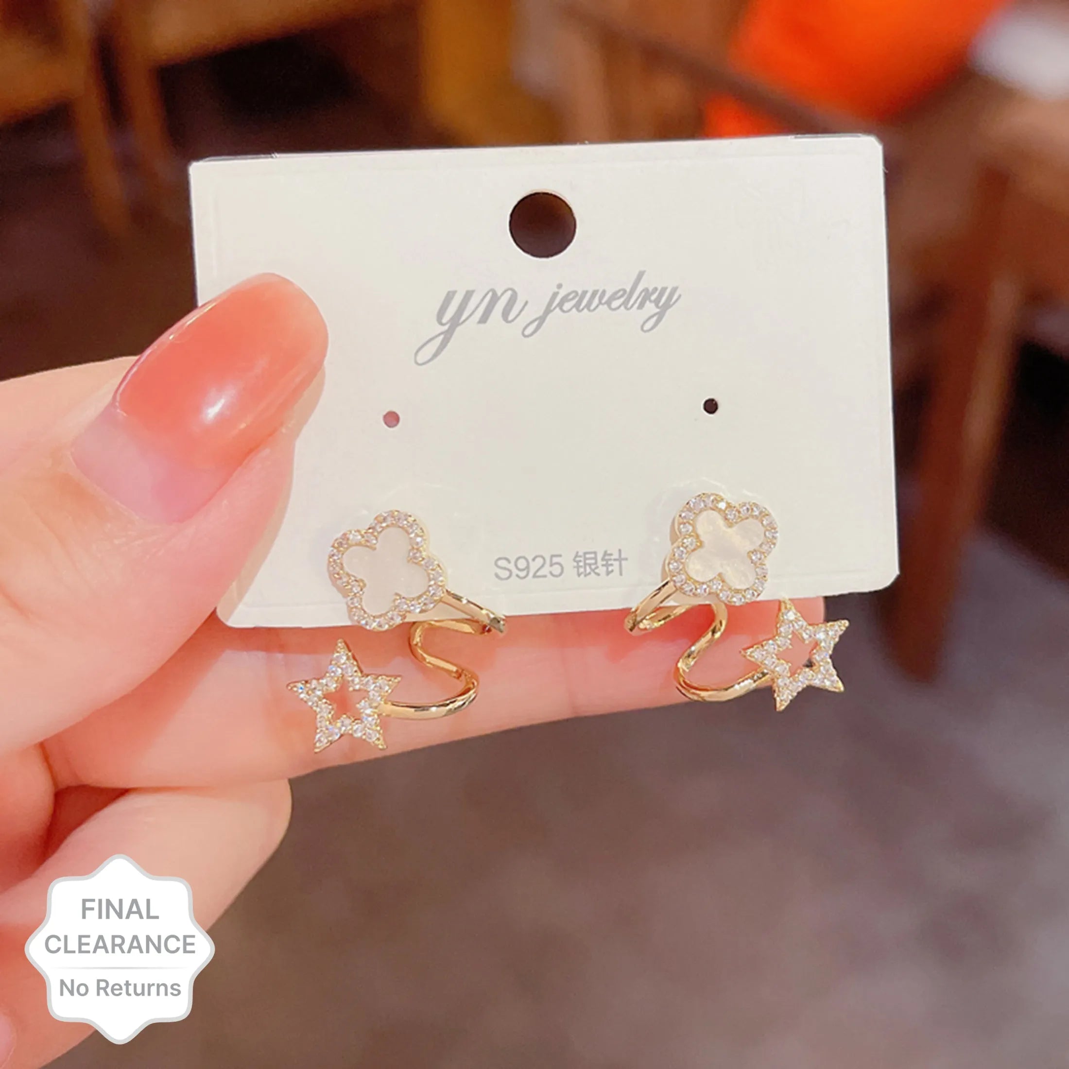 New Trendy Exclusive Stone Décor Star Four-Leaf Clover Korean Earrings (White) Cubic Zirconia Alloy Earring Set - Pair Of 1 Destiny Jewels