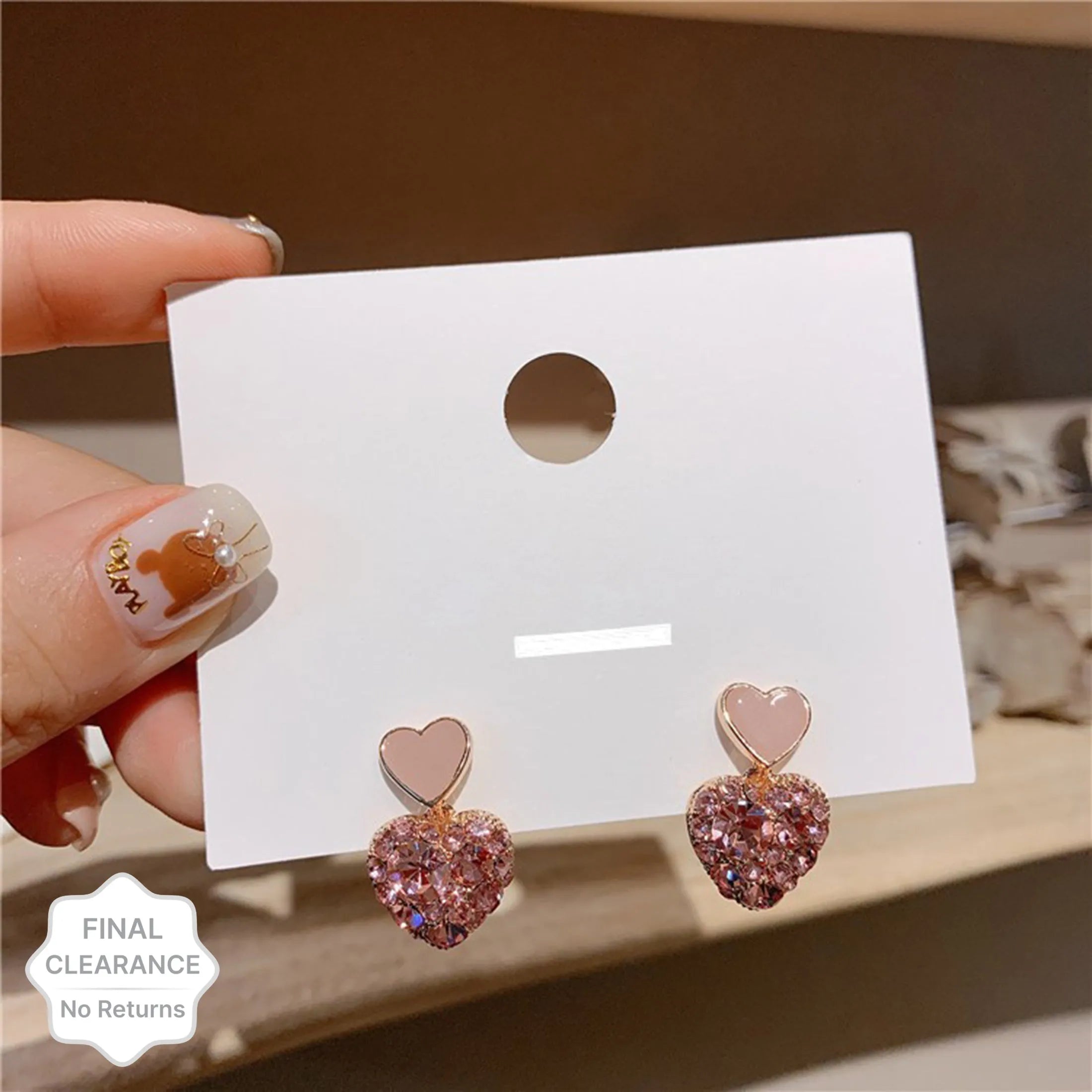 Gold Plated Korean Style Stone Decor Pink Heart Shaped Drope Earrings Cubic Zirconia Alloy Earring Set, Drops &amp; Danglers - Pair Of 1 Destiny Jewels