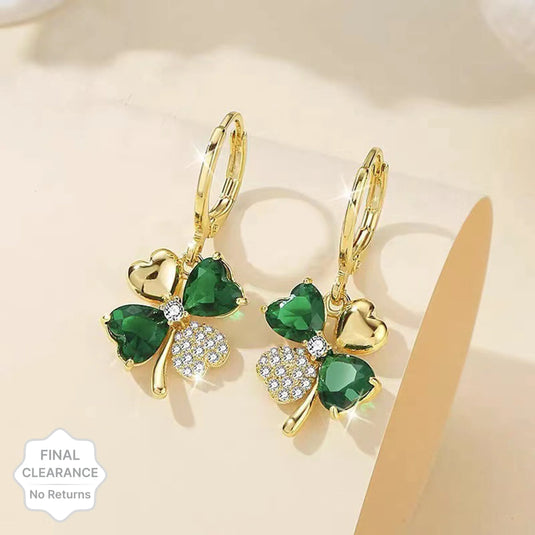 New Trendy Exclusive Korean Style Heart Shape Four Leaf Green Crystal Earrings Cubic Zirconia Alloy Drops &amp; Danglers, Hoop Earring, Stud Earring - Pair Of 1 Destiny Jewels