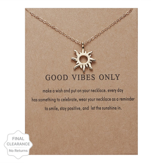 Gold Plated New Trendy Creativ Sun Shaped Good Vibes Only Necklace With Card Alloy Necklace Destiny Jewels