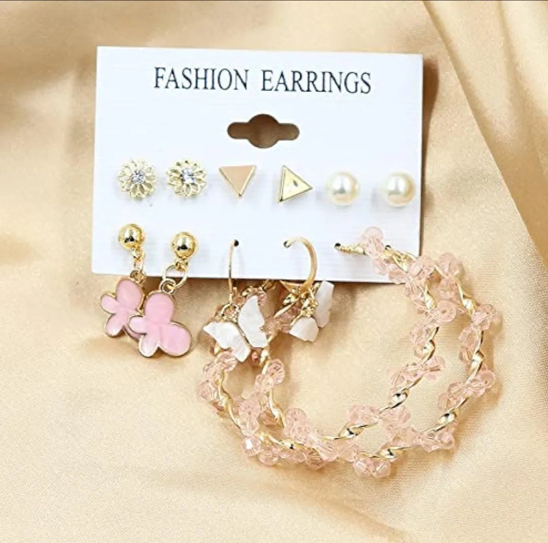 New Trendy 6 Pair Pink Stone Décor Hoop &amp; Cute Drop Butterfly Décor Earrings Set Pearl Alloy Drops &amp; Danglers - Pair Of 6 Destiny Jewels