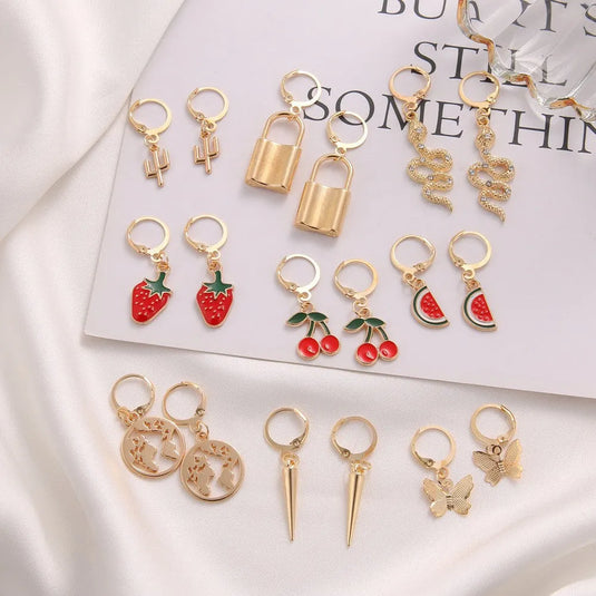 Trendy Gold Plated 9 Pairs Butterfly Snake Strawberry Multi Design Earrings Set Alloy Hoop Earring - Pair Of 9 Destiny Jewels